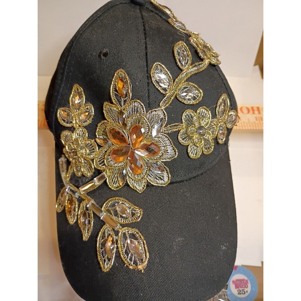 Rhinestone Jewel Flowers Slideback Hat Black OSFA Adjustable Bling Read